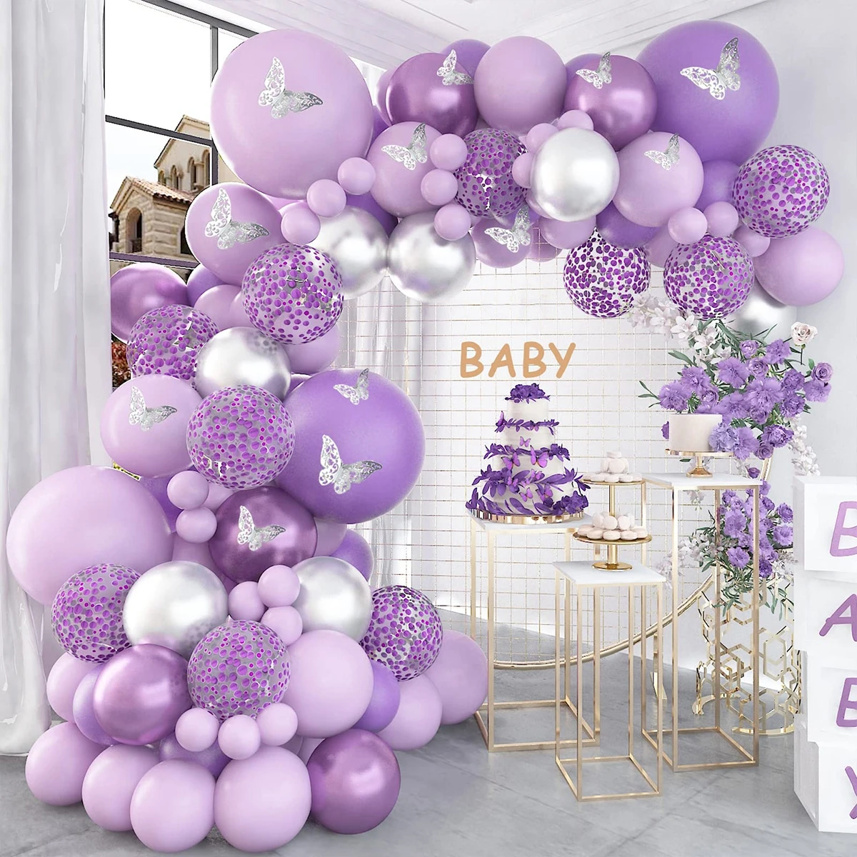 Lila Schmetterling Luftballons Girlande Bogen Kit Latex Ballon Geburtstags feier Dekor Kinder Erwachsene Hochzeit Ballon Baby Dusche Dekor Ballon Image