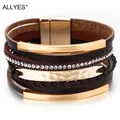 ALLYES Multilayer Leder Armband für Männer Metall Bar Charme Schwarz Geflochten Breite Wrap Mann