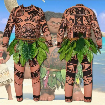 Moana Maui Tattoo T-Shirt/Hose Halloween Erwachsene Herren Damen Cosplay Kostüme mit Blättern Dekor Image