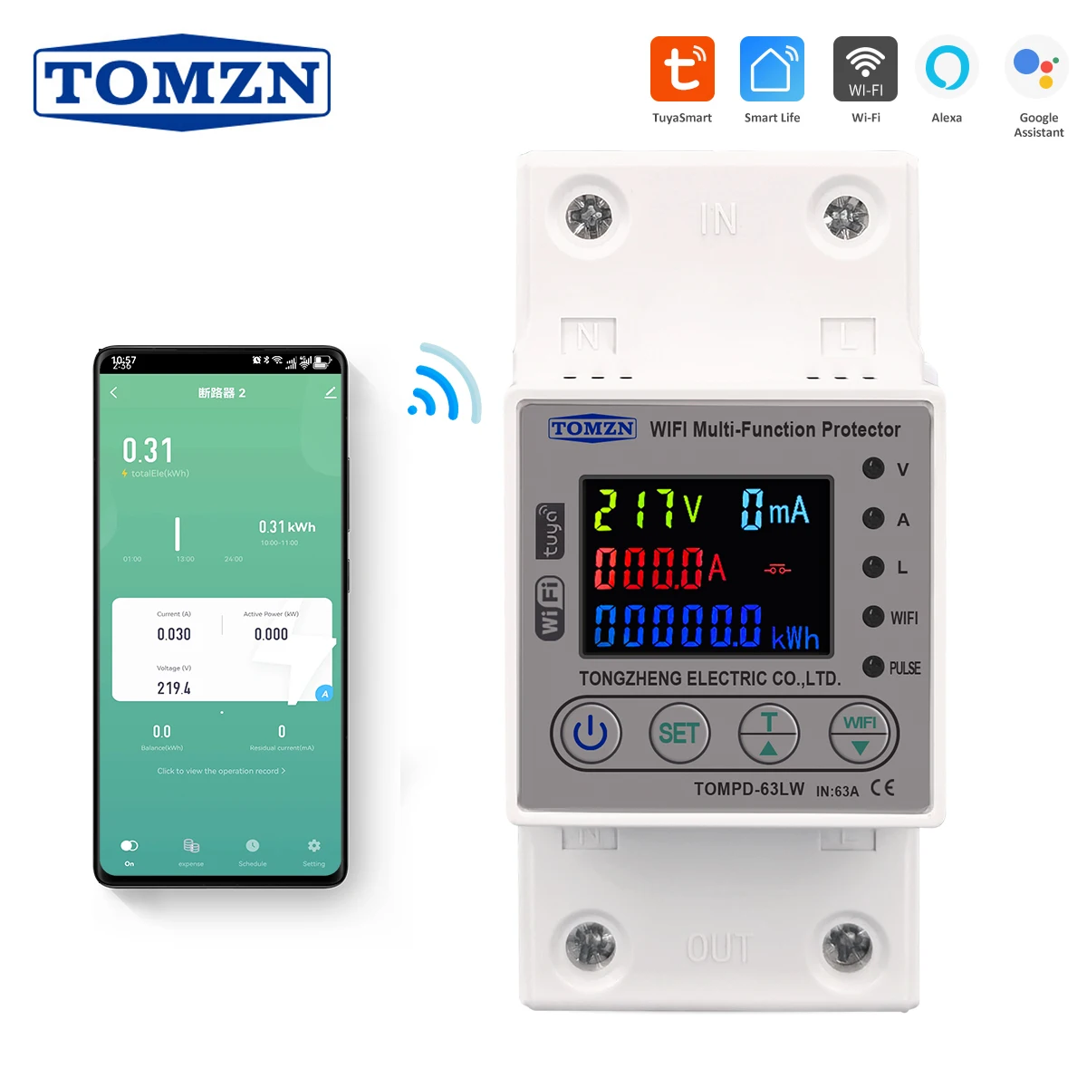 TOMZN 63A WIFI Smart Switch TUYA Energiezähler Kwh Metering Leistungsschalter Timer mit Spannungsstrom- und Auslaufschutz Image