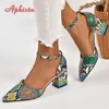 Aphixta 5 cm 7 cm Platz Ferse Sommer Ankle Strap Spitz Sandalen Frauen Schlange Drucke Grün Leder Offene Schuhe Pimp plus Größe 46