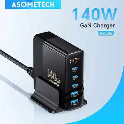 ASOMETECH 140W GaN USB Ladegerät 3 USB C + 2 USB EINE Ports,100W PD 3,0 PPS AFC Schnell Ladegerät Für Macbook Laptop iPhone iPad Samsung