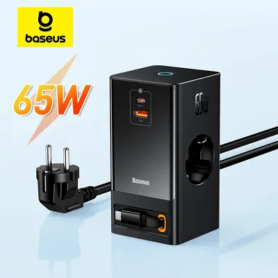 Baseus 65 W Desktop-Ladegerät, digitaler Steckdosenleiste, einziehbares C-Kabel, Schnellladung, 4000 W, 2 AC-Steckdosen für Laptop, Tablet, iPhone Image