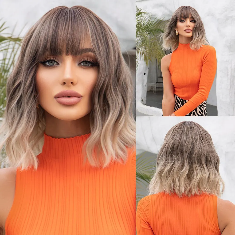 Graue gewellte Bob-Perücken für Damen mit Pony, kurze blonde Ombre-Synthetikperücke mit dunklen Wurzeln, natürliches Haar für den täglichen Gebrauch Image