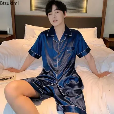 Neue Sommer Männer Pyjama Sets Seide Satin Pijama drehen-unten Kragen Nachtwäsche Kurzarm Nachtwäsche Männlichen 2 Stück Sets homewear 5XL Image