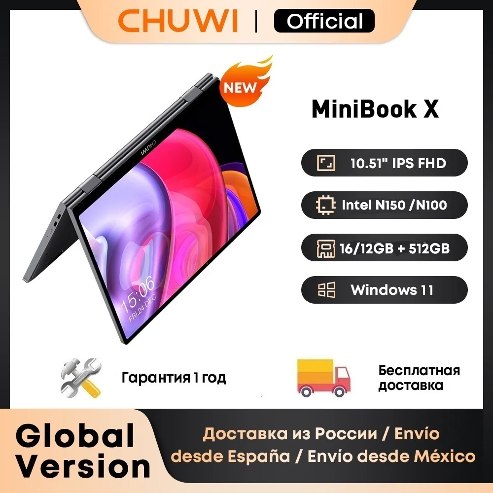 CHUWI MiniBook X Laptop-Tablet 2-in-1 Intel N150/N100 10,51 Zoll FHD IPS-Bildschirm 16 GB / 12 GB RAM LPDDR5 512 GB SSD Windows 11 Notebook Image