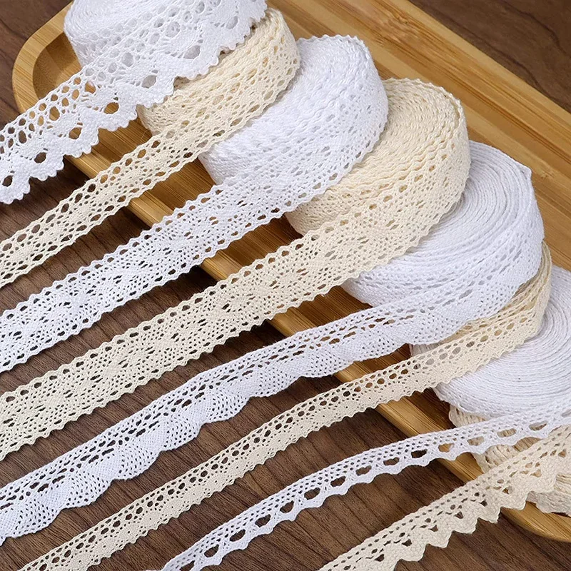 2/5M Baumwoll-Spitzenborte Vintage Spitzenband Gehäkelte Baumwollspitze mit Wellenkante für Braut-Hochzeitsdekoration DIY Handwerk Nähzubehör Image