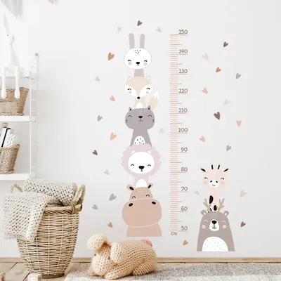 Boho-Farbstil, Lächeln, Tiere, Bär, Löwe, Herzen, Höhenmessung, Lineal, Wandaufkleber für Image