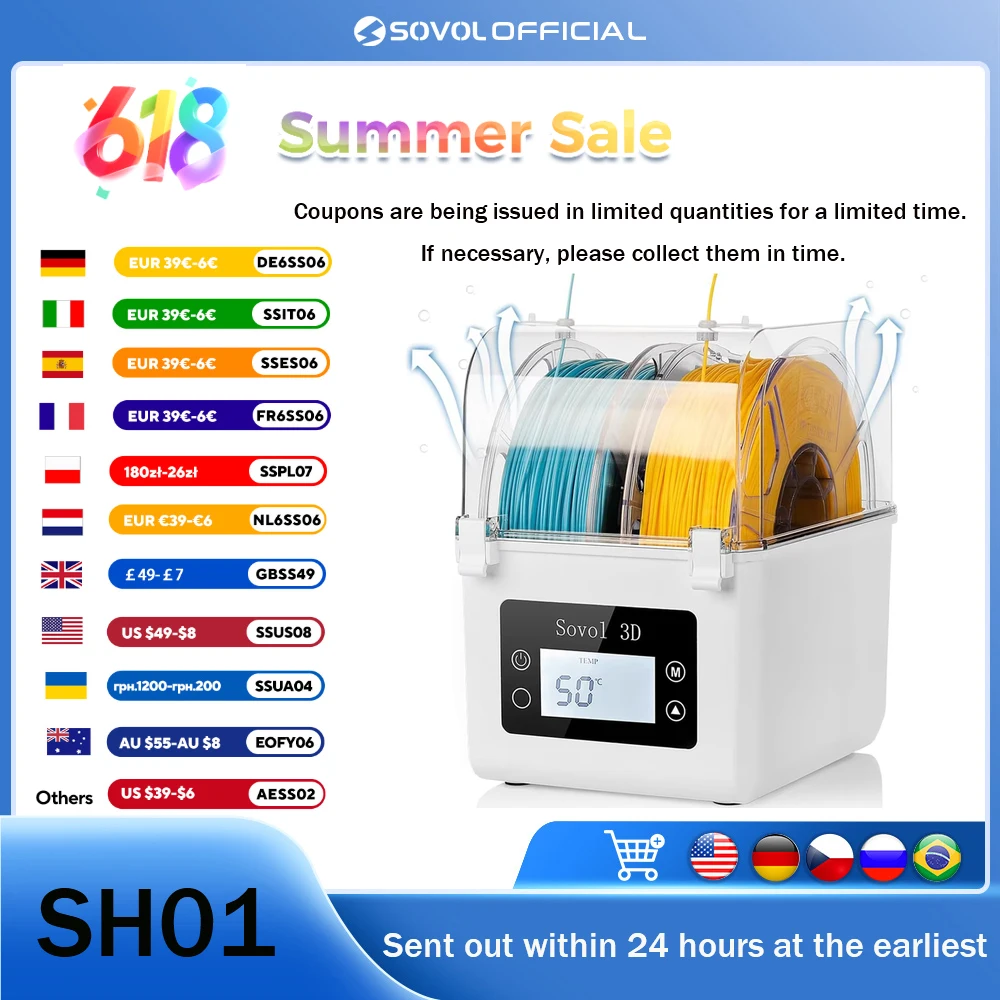 Sovol 2 Rollen Filament-Dörrgerät, Spulenhalter, Filamente, Trockenbox für 1,75 mm, 2,85 mm ABS, PLA, PETG, TPU, FDM-Material, 3D-Drucker Image