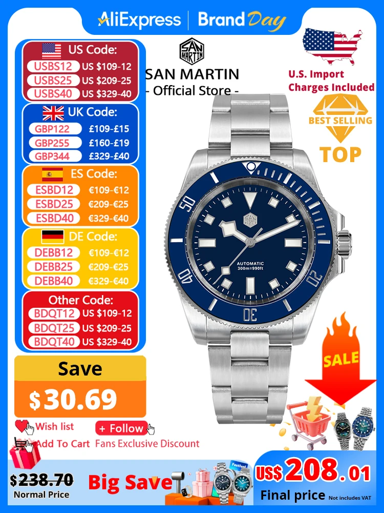 San Martin 40 mm Edelstahl klassische Herren-Taucheruhr Japan NH35 automatische mechanische Saphir wasserdicht 300 m SN0111 Image