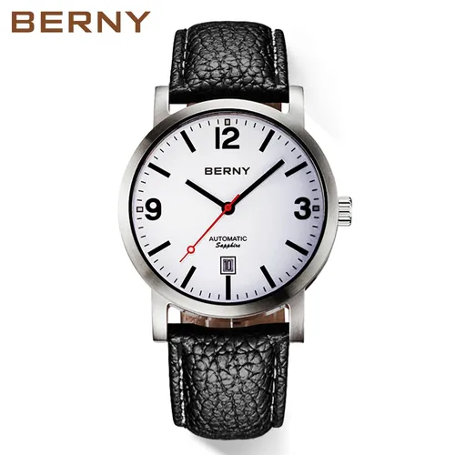 Berny Männer mechanische Armbanduhr 5atm wasserdichte Uhr für männliche Leder Schweizer Eisenbahn