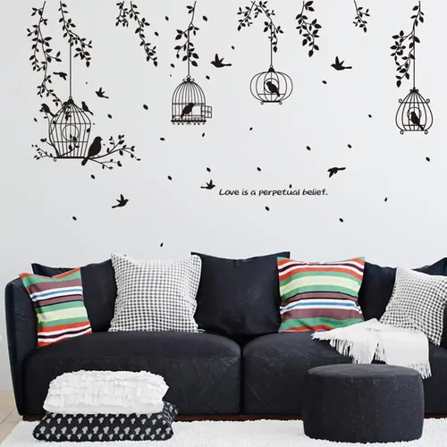 Schwarz Vogelkäfig und Blätter Silhouette Muster PVC Wand Aufkleber TV Hintergrund wand aufkleber