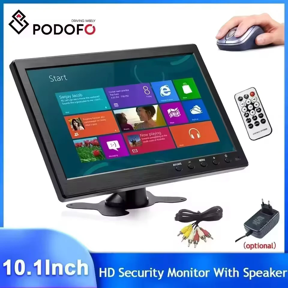 Podofo LCD-HD-Monitor, tragbar, 10,1-Zoll-Mini-TV und Computerdisplay, 2-Kanal-Videoeingang, Sicherheitsmonitor mit Lautsprecher, HDMI, VGA Image
