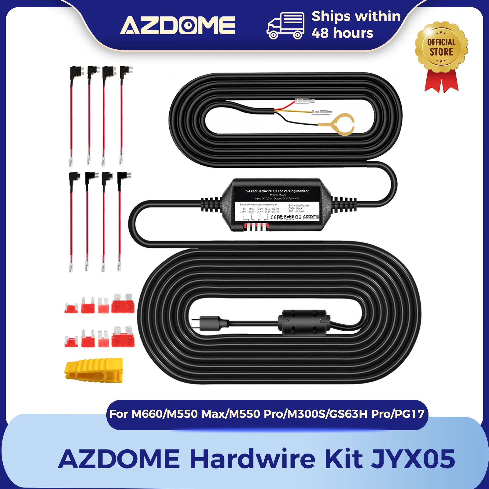 AZDOME JYX05 Auto-DVR-Aufnahme-Hardwire-Kit für M660/M550 Max/M300S/GS63H Pro Low Vol Protection Typ-C-Anschluss 12V-24V in 5V 2,5A aus Image