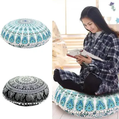 Runder Mandala-Kissenbezug, Boden-Kissenbezug, indischer böhmischer Kissenbezug, Poufs, dekorativer Image
