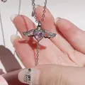 Koreanische rosa Kristall Engel Flügel Herz Anhänger Halskette für Frau minimalist ischen Schmuck