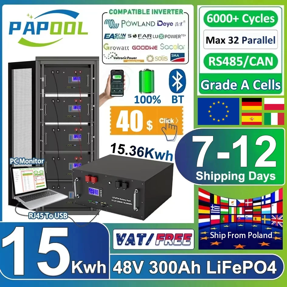 LiFePO4 48V 300Ah 15Kwh Batterie 51,2V 100Ah 200Ah 120Ah 150Ah Lithiumbatterie 6000 Zyklen 48V Solarenergiespeicher Akku EU LAGER Image
