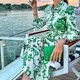 XEASY Sommer Frauen Strand Stil Green Floral Print Bogen Schärpen Midi Revers Kleid Weibliche Chic