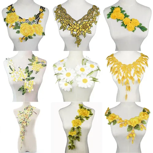 1Pc 3D Bestickten Stoff Gelb Rose Blume Venise Spitze Applique Sewing Spitze Kragen Ausschnitt
