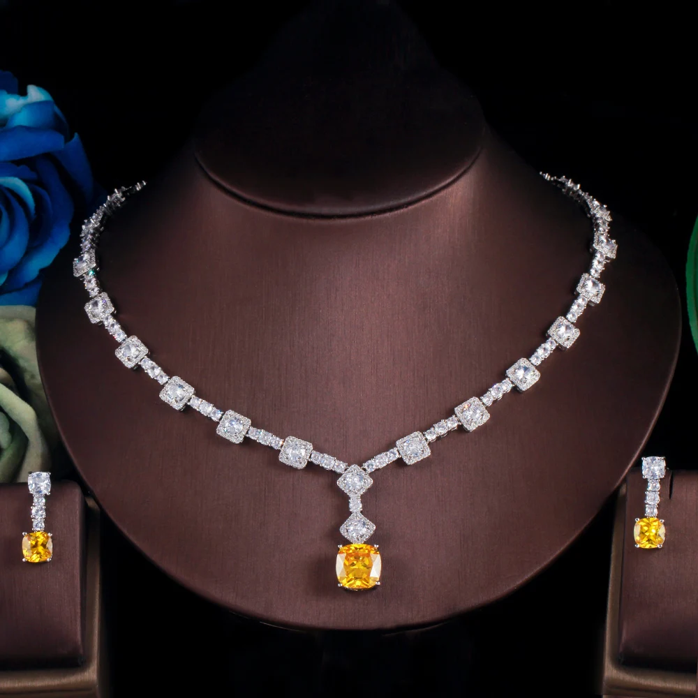 ThreeGraces Elegante Gelb CZ Kristall Silber Farbe Großen Platz Tropfen Ohrringe Halskette Hochzeit Schmuck-Sets für Frauen TZ581