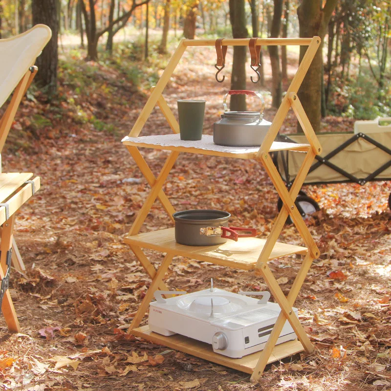 Outdoor Rack Camping faltbar mehr schichtig tragbar installation sfrei Bambus Lager regal multifunktion aler Klapptisch mit Tasche