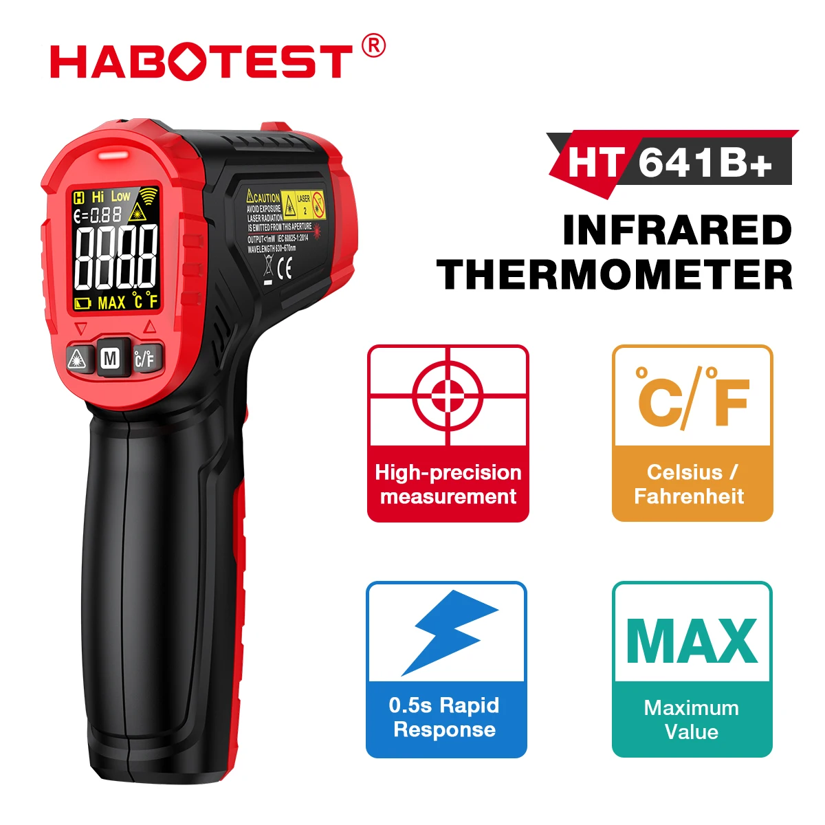 HABOTEST HT641 Infrarot-Thermometer, berührungsloses Laser-Temperaturmessgerät, Laser-IR-Oberflächenwerkzeug für Pizzaofen, Fleisch, Grillplatte Image