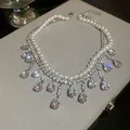 Fyuan Luxus Perle Choker Halsketten für Frauen Quaste Wasser tropfen Zirkon Kristall Halsketten