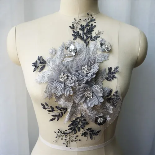 Grau 3D Blumen Strass Spitze Stoff Gestickte Brautkleid Appliques Borte Kragen Mesh Nähen Patch Für