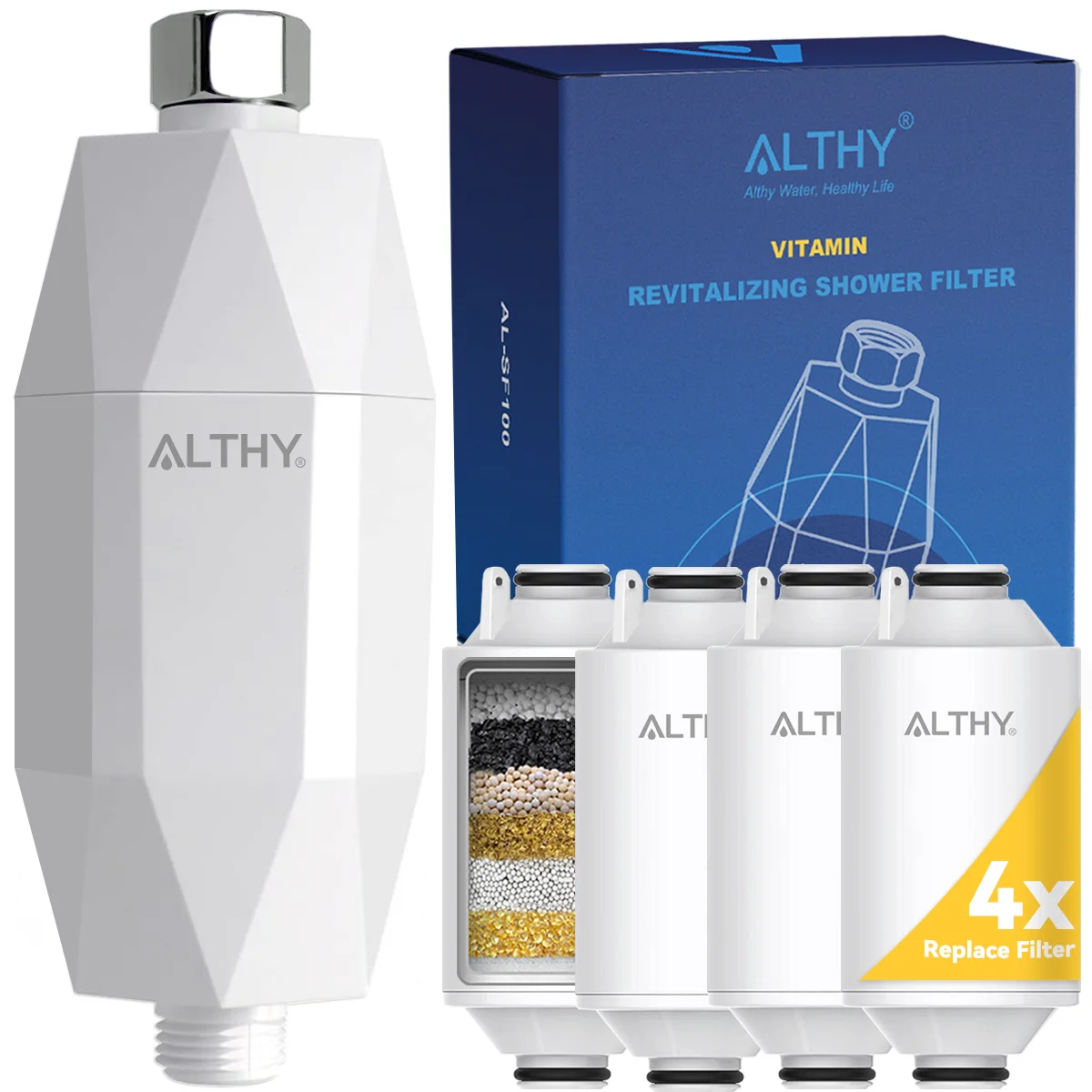 ALTHY Revitalisierender Duschwasserfilter mit Vitamin C – reduziert Chlor aus schwerem Metall – verbessert trockene, juckende Haut, Haarschuppen und Ekzeme Image