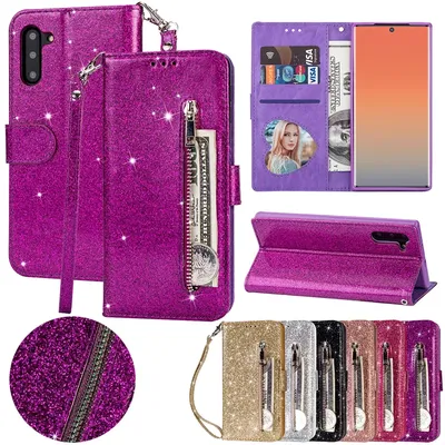 Brieftasche bling glitter magnetischer flip reiß verschluss ledertasche für samsung galaxy s24 ultra