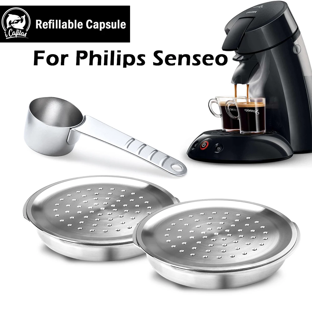 Kaffeekapsel aus Edelstahl, wiederverwendbarer Kaffeemaschinenfilter, geeignet für Senseo System Philips Espresso Crema Maker mit Löffel Image