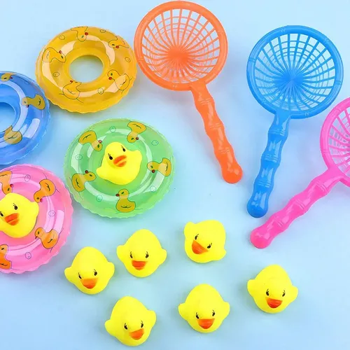 5 Teile/satz kinder Schwimm Bad Spielzeug Mini Schwimmen Ringe Gummi Gelb Ducks Fischernetz Waschen