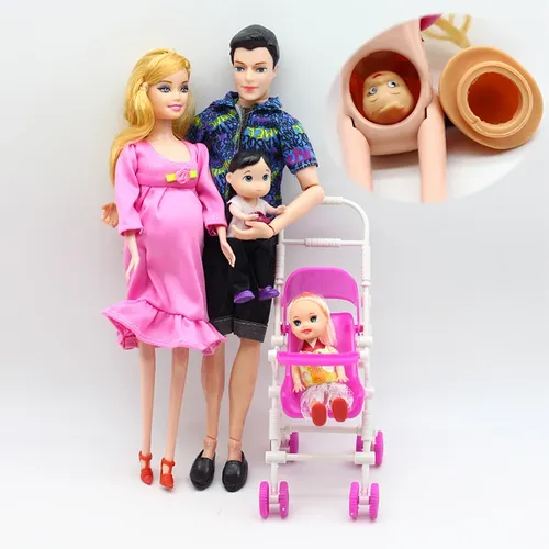 6 stücke Glückliche Familie Kit Spielzeug Puppen Schwangere Babyborn Ken & Frau mit Mini Kinderwagen