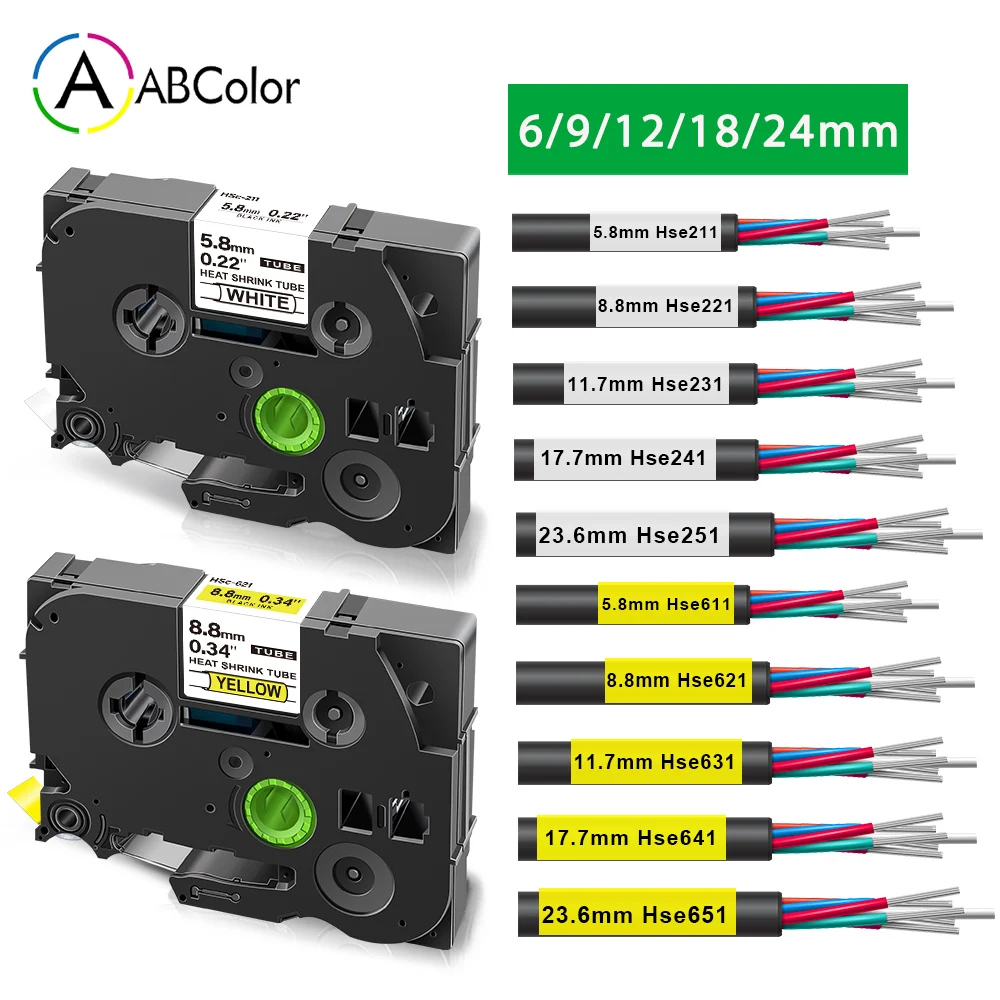 6/9/12/18/24 mm Etikett für Brother HSe-211 HSe-221 hse-231 241 251 611 631 Schrumpfschlauch Etikett für Brother P Touch Etikettendrucker Image