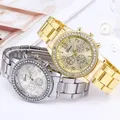 Gold Frauen Uhr Genf Klassische Edelstahl frauen Uhr Mode Strass Quarz Uhren Armbanduhr für Frau