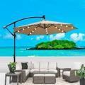 10 ft Outdoor Market Patio Beach Umbrella with Solar Powered LED Lighted and Cross Base Offset Hanging Umbrella with Easy Tilt Adjustment and 8 Ribs for Backyard Pool Lawn and Garden Tan