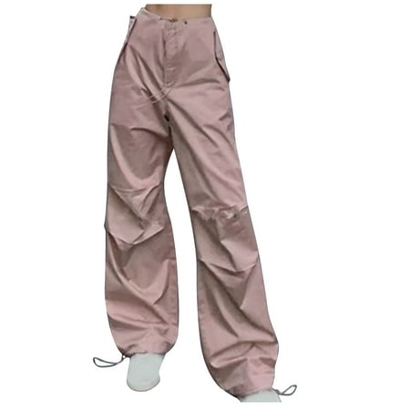 RYRJJ Baggy Parachute Pants for Women Drawstring Elastic Low Waist Ruched Cargo Pants Multiple Pockets Jogger Y2K Streetwear Pants(Pink L)