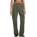 RYRJJ Women Straight Fit Cargo Pants High Waist Baggy Outdoor Hiking Pants with Flap Pocket Wide Leg Parachute Pants(Green S)