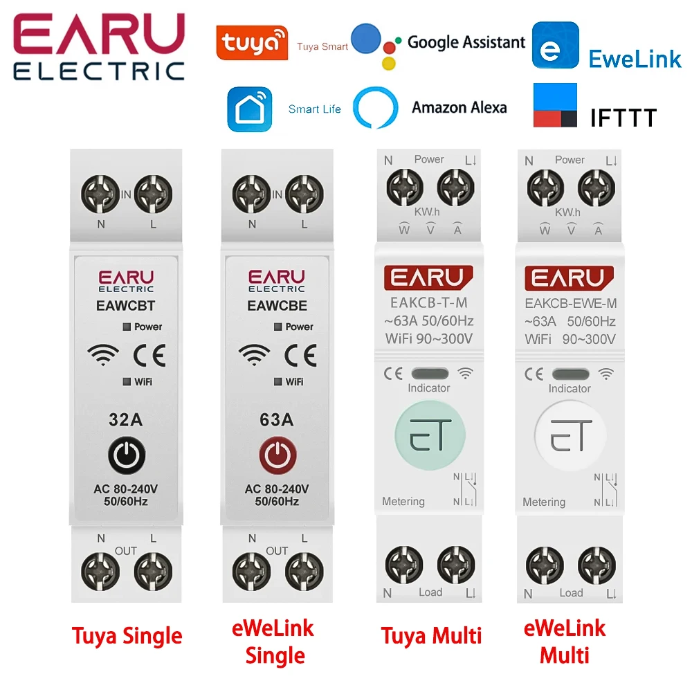 Tuya ewelink wifi smart leistungs schalter mcb 1p 63a energie kwh spannungs stromzähler schutz sprach fernbedienung schalter Image