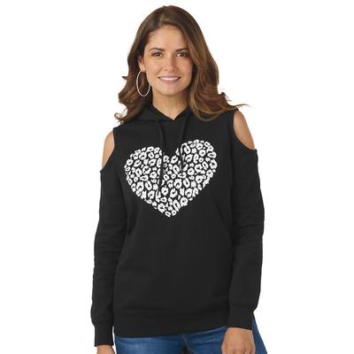 Masseys Cold Shoulder Graphic Sweatshirt (Size 3X) Black Leopard Heart, Cotton,Polyester