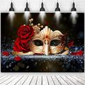 Masquerade Party Backdrops Golden Mask Red Rose Backdrop for Fiesta Mardi Gras Event Dance Photo Background Birthday Studio Photo Video Shoot Props (Polyester-8x6ft)