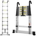 gymount Telescopic Ladder 2.6M / 8.5FT Aluminium Extension Ladder with Stabilizer Bar & Detachable Hooks, Multi Purpose Extendable Loft Ladder Portable Ladder, 9 Steps, Black