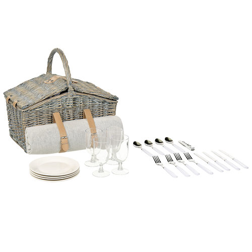 Picknickkorb für 4 Personen aus grauen Rattan mit Besteck, Tellern, Weingläsern und Kühltasche mit Korkenzieher, inklusive Decke