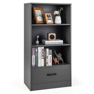 Costway 48 Inch Tall 4 Tiers Wood Bookcase with Drawer-Gray