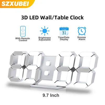 3D LED Wall Clock Digital Alarm Clock Snooze Table Clock With Romote Control Time/Date/Temperature Nightlight Display Bedroom