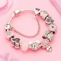 Potdemiel HOT Pink Enamel Crystal Mickey Minnie Charm Bracelets Silver Color Heart Cartoon Bead