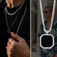 Vnox Black Square Necklace for Men Stainless Steel Geometric Pendant Casual Punk Boy Layer Cuban