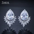 ZAKOL Romantic Teardrop Cubic Zirconia Stud Earrings Fashion White Color Leaf Bridal Earring for