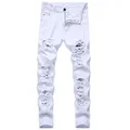 Men's White Jeans Fashion Hip Hop Ripped Skinny Men Denim Trousers Slim Fit Stretch Distressed Zip