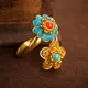 Natural Southern red Tourmaline Flower Open Ring Chinese Retro Palace Style Unique Ancient gold